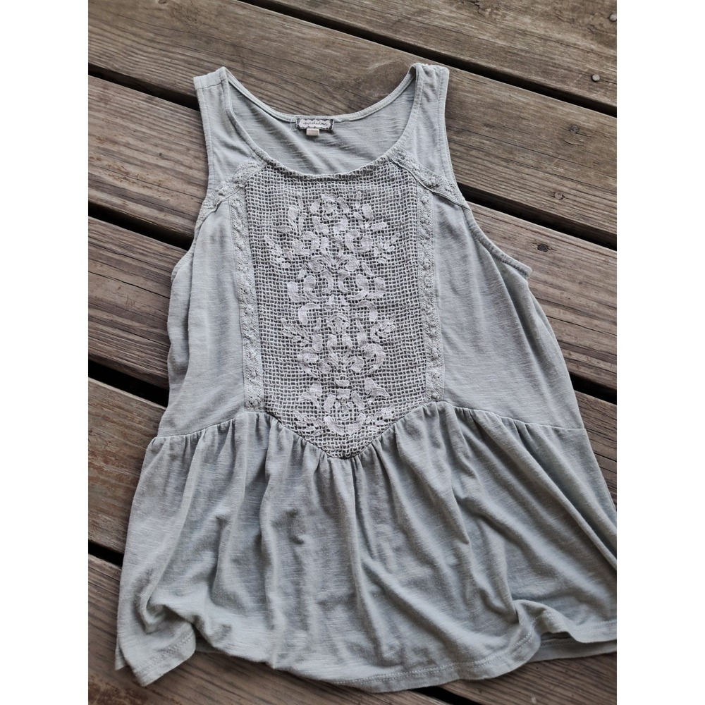Women's Cute Lace Trim Tank Top Gray Boho Flowy Ruffle Hem Size M J12